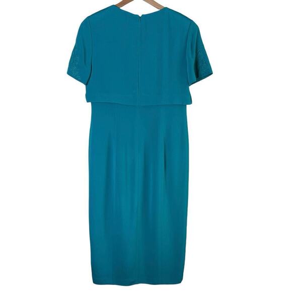 Talbots Vintage Silk Midi Dress in Teal with Attached Short Sleeve Cardigan Sz 8 - Picture 8 of 12